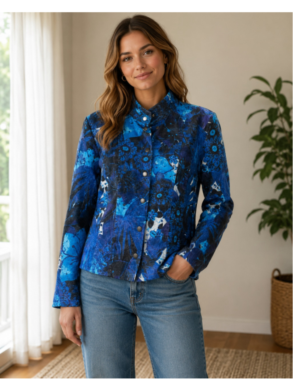 Women's Chico's Blue Floral Print Jacket, Size 1
